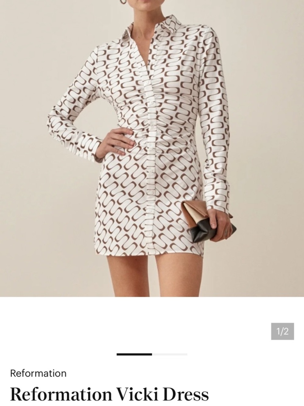 Reformation Mini Shirt Dress in White and Brown Graphic Print